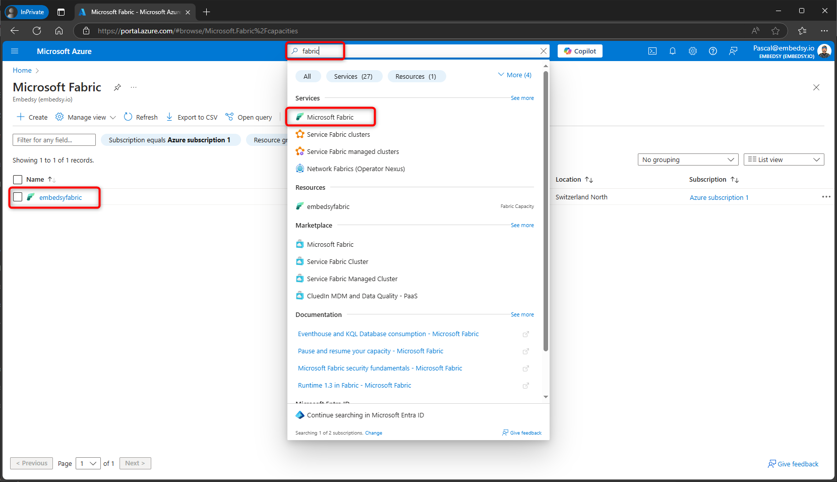 Microsoft Fabric Capacity in Azure Portal